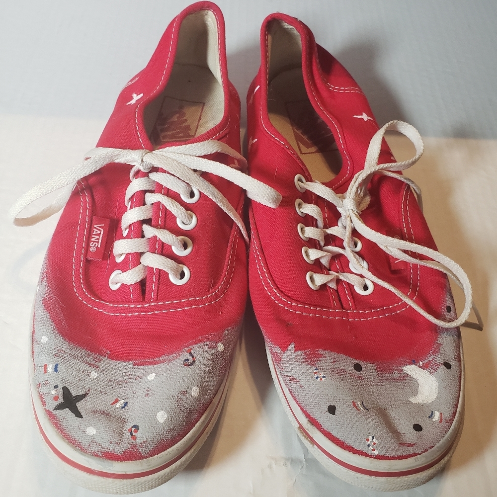 Vans womens size 8 red,‎ custom decoration on toes.